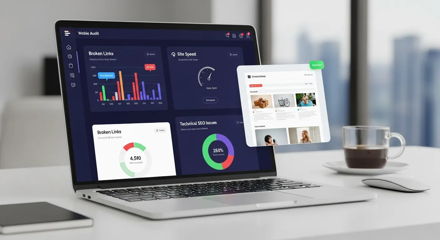 Website audit tool identifying broken links, site speed issues, and technical SEO problems in an e-commerce website.