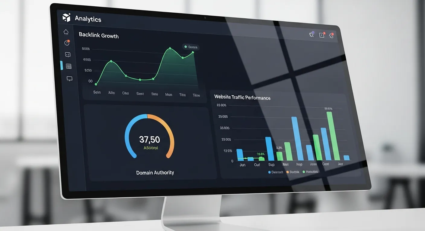 SEO analytics platform displaying backlink growth, domain authority, and website traffic performance.