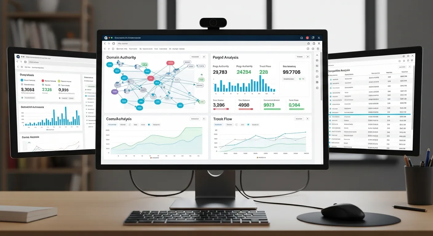 SEO backlink analysis tools displaying link profiles, domain authority, and competitor link-building insights for ranking improvement.