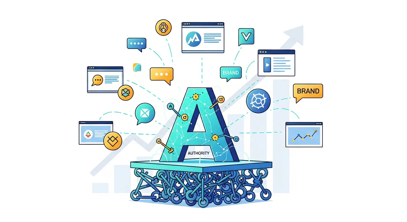 Visual representation of backlink building and authority growth through external links and brand mentions improving domain trust.
