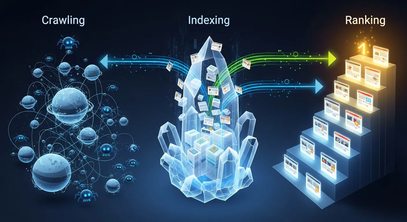 Visual representation of search engine crawling, indexing, and ranking process that determines website visibility in search results.