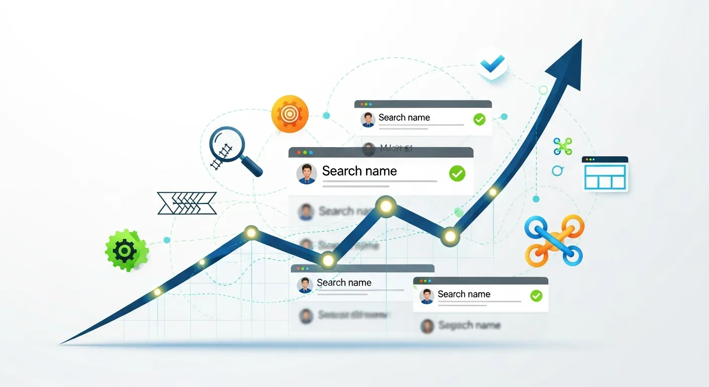 Illustration showing website growth through SEO with upward traffic graph and search engine results page highlighting rankings