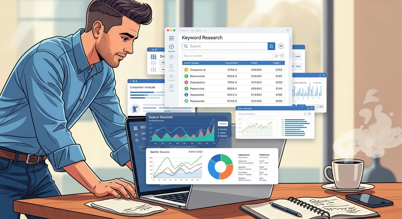 Digital marketer analyzing keyword data and search trends on a laptop with SEO tools and graphs displayed.