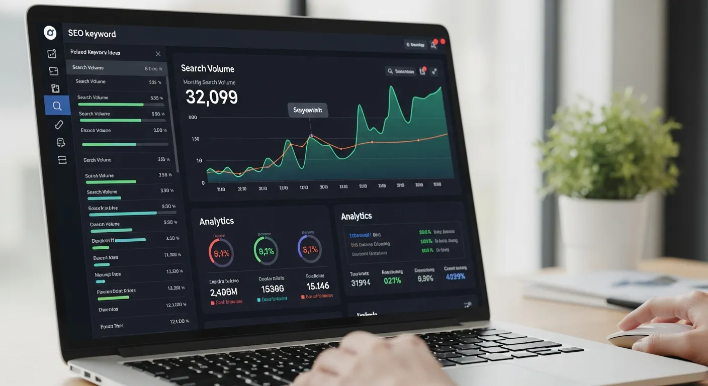 SEO keyword research tools showing search volume, keyword ideas, and analytics dashboard for content strategy planning.
