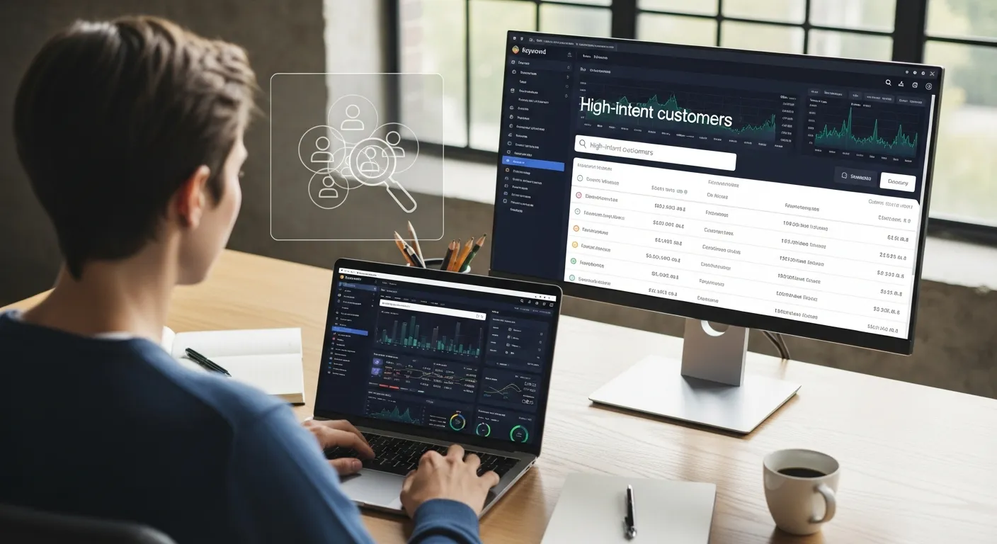 Keyword research interface displaying search volume, competition, and related queries for small business SEO strategy.