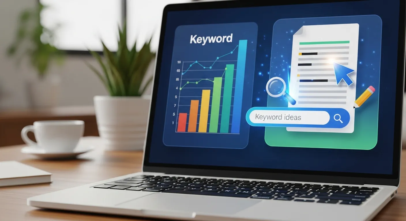 Keyword optimization and content writing concept on laptop screen