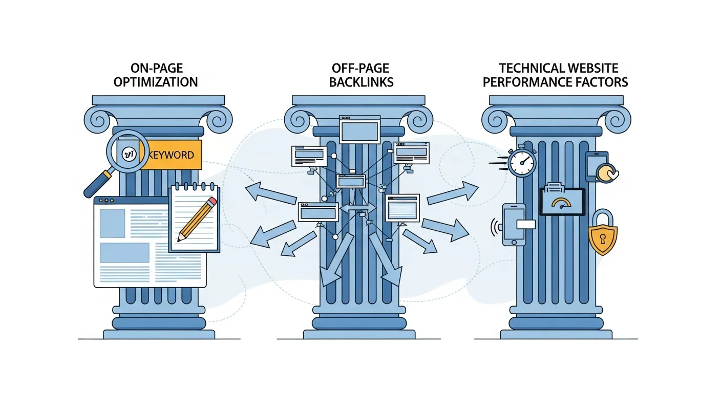 Diagram showing three pillars of SEO including on-page optimization, off-page backlinks, and technical website performance factors and what does seo mean.