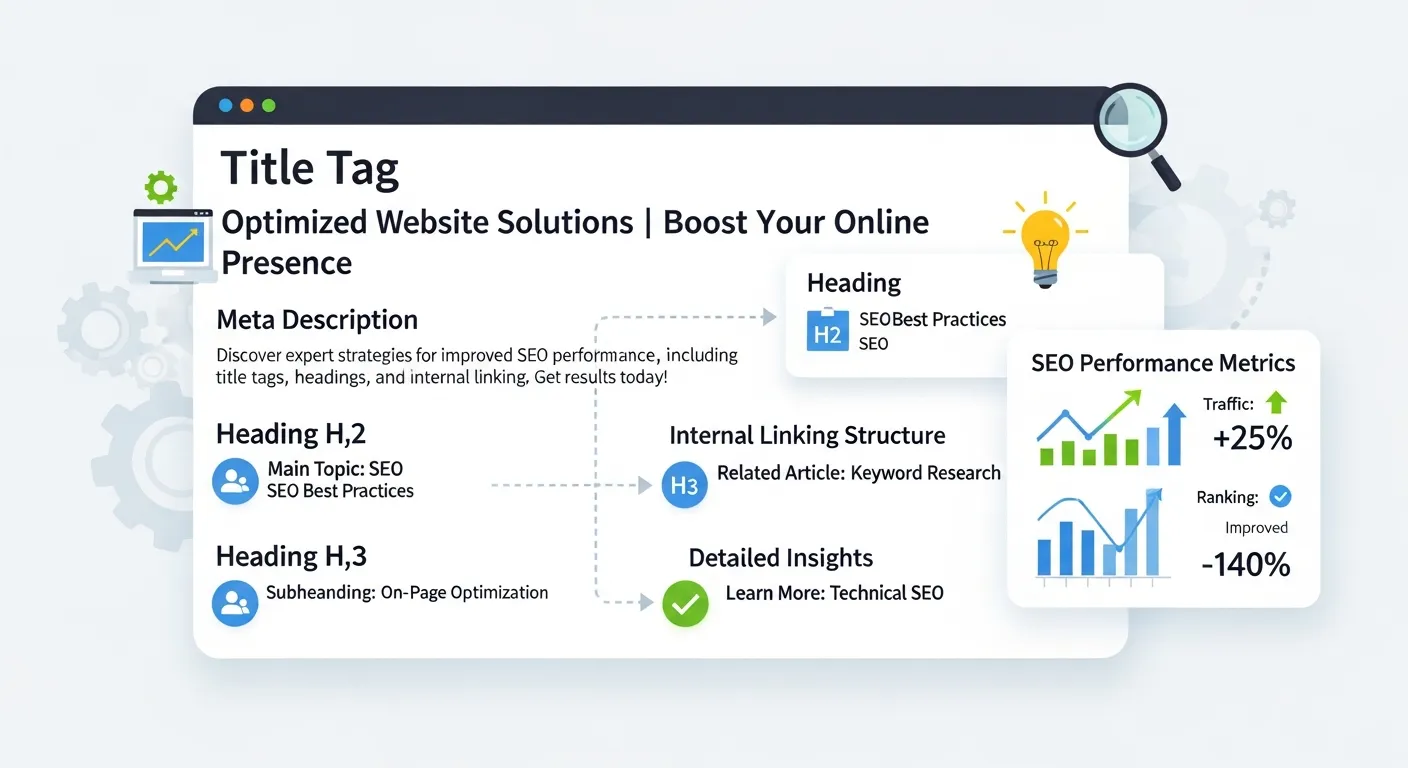 Website interface showing optimized title tags, headings, meta descriptions, and internal linking structure for improved SEO performance.
