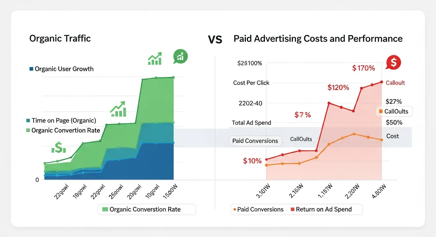 Comparison chart showing organic traffic versus paid advertising costs and performance differences