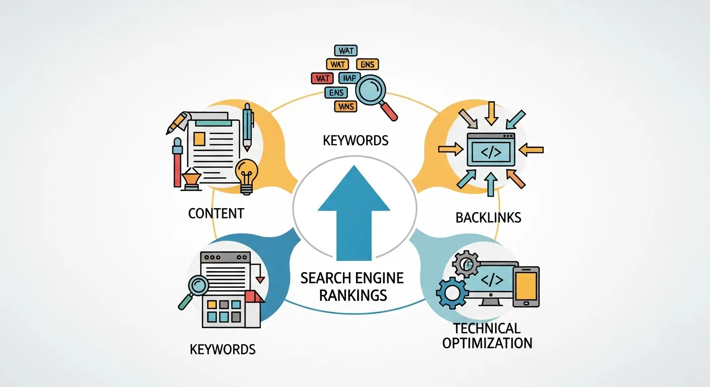 Diagram showing SEO strategy components including content, keywords, backlinks, and technical optimization driving search engine rankings.