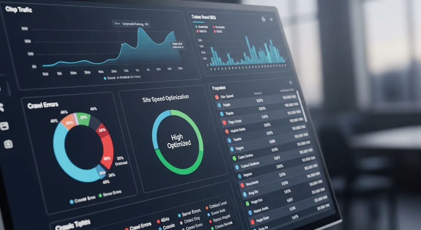 Technical SEO tools analyzing website performance, crawl errors, and site speed optimization metrics for better search rankings.