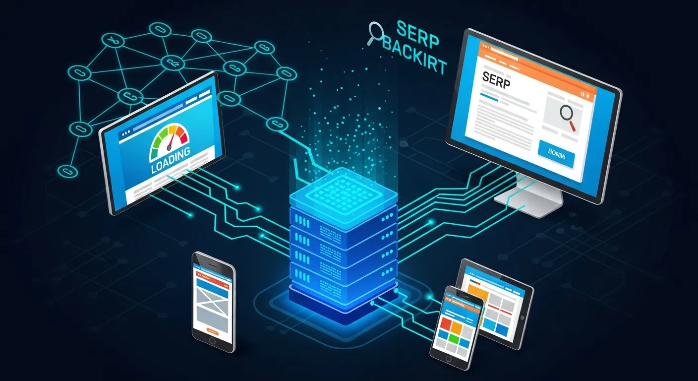 Illustration of website backend optimization with fast loading speed, mobile responsiveness, and high-quality backlinks improving search rankings.
