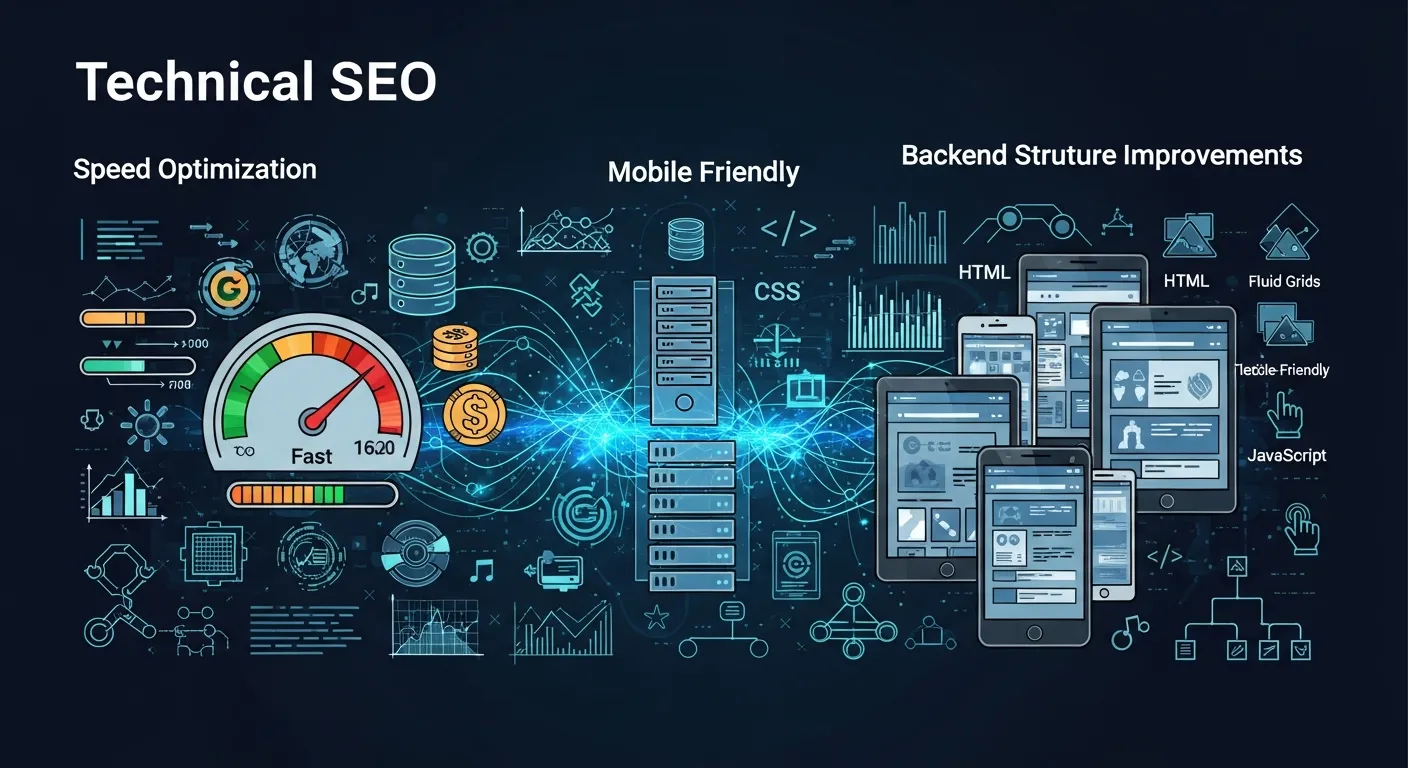 Technical SEO concept showing website speed optimization, mobile-friendly design, and backend structure improvements