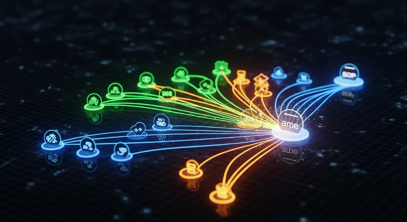 Technical SEO and backlink network diagram showing website authority growth