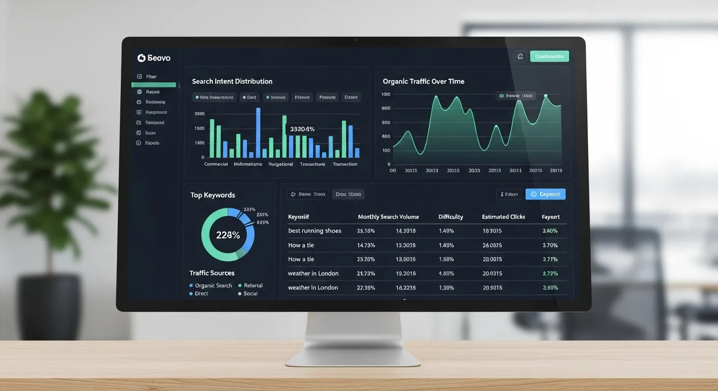 SEO keyword research and analytics dashboard showing search intent and traffic data