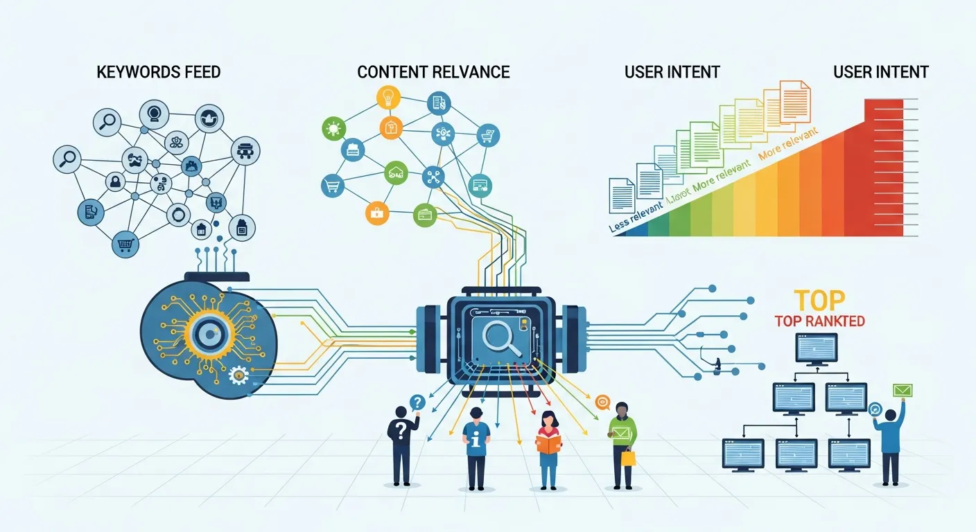 Illustration explaining what SEO means and how search engines rank websites using keywords, content relevance, and user intent.