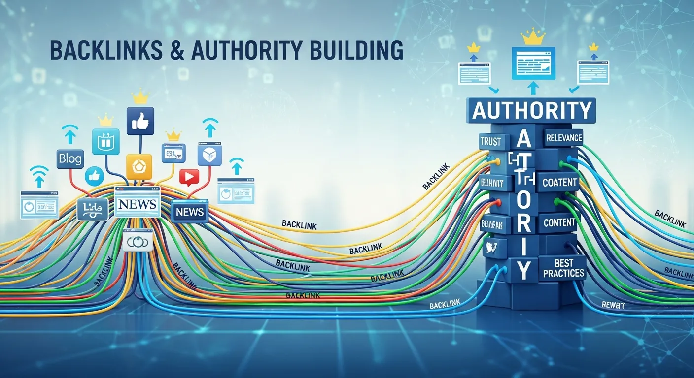Digital illustration showing multiple websites linking to one central site, representing backlink building and domain authority growth.