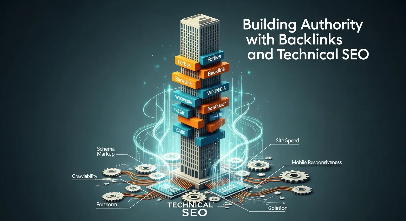 Illustration of website gaining backlinks, improving site speed, and optimizing technical SEO elements