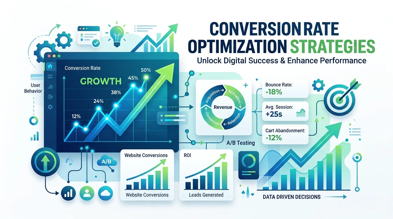 Analytics screen displaying A/B testing results with improved conversion rates and optimized call-to-action buttons.