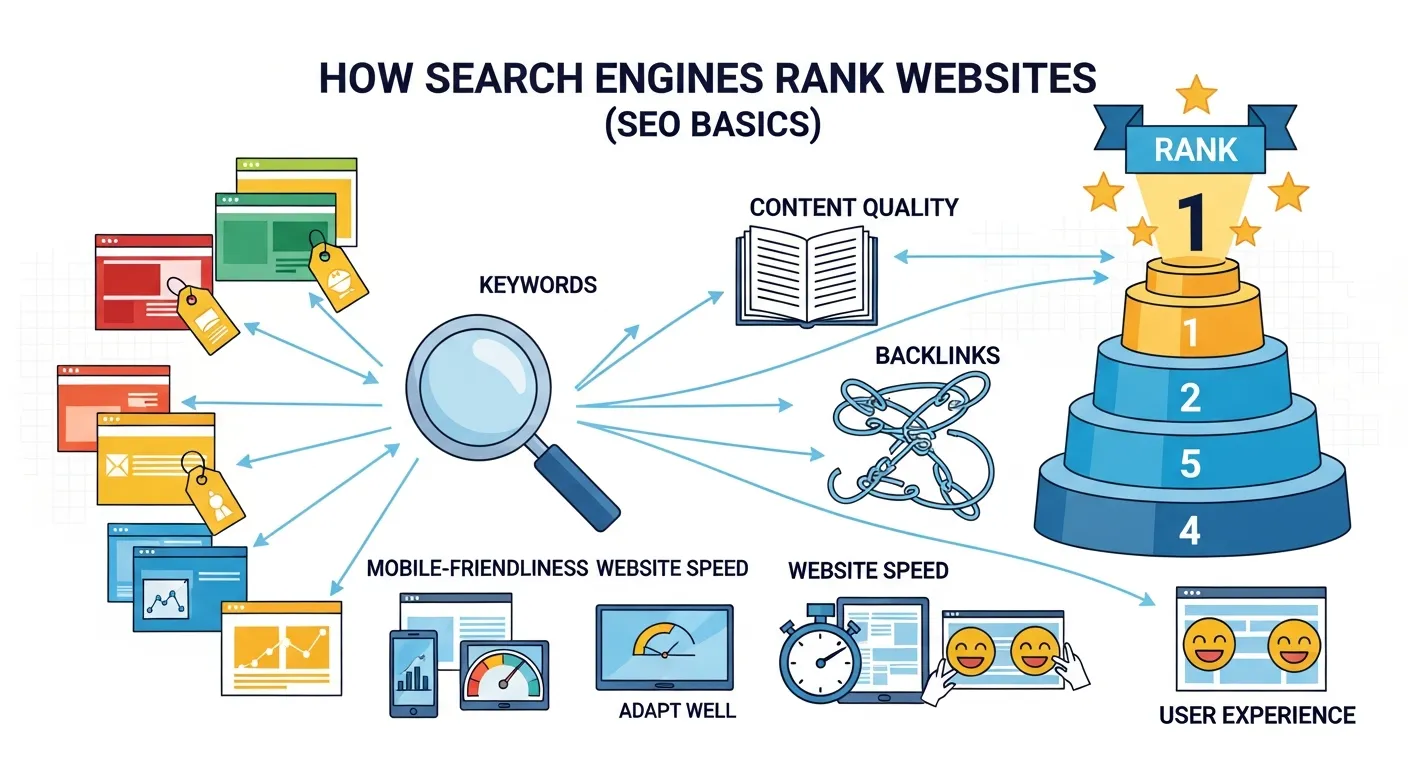 Content creator optimizing webpage with headings, keywords, meta tags, and images on a laptop screen
