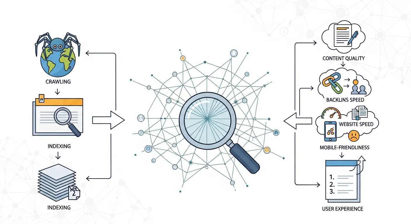 Diagram showing search engine crawling, indexing, and ranking process with website pages and bots