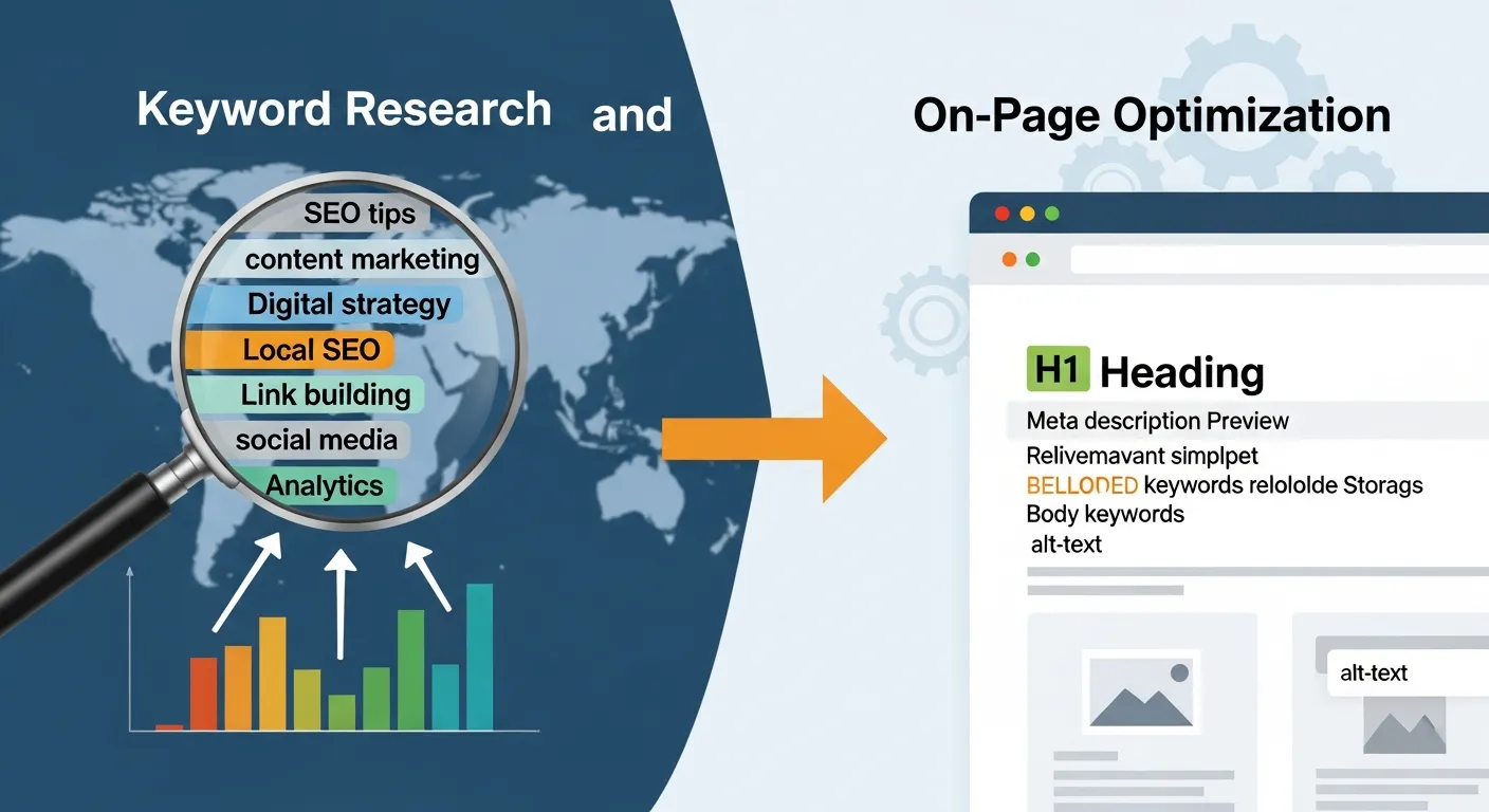 SEO specialist researching keywords and optimizing website content with headings, meta tags, and analytics tools