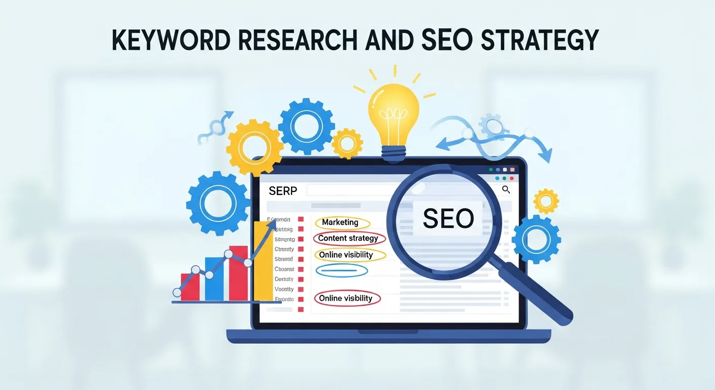 Laptop displaying keyword research tools with search volume data and SEO planning notes for small business strategy