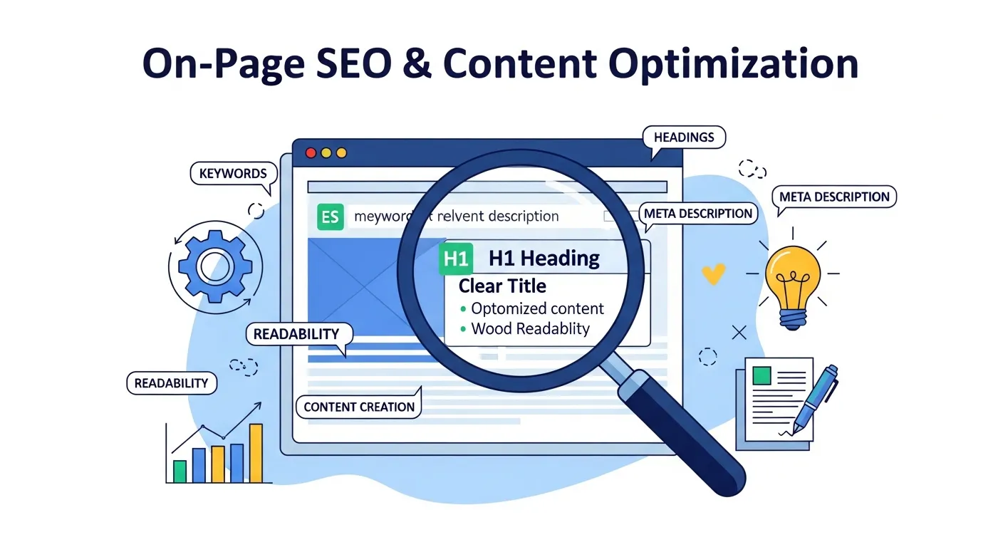 Content creator optimizing a blog post with keywords, headings, and internal links on a laptop screen.