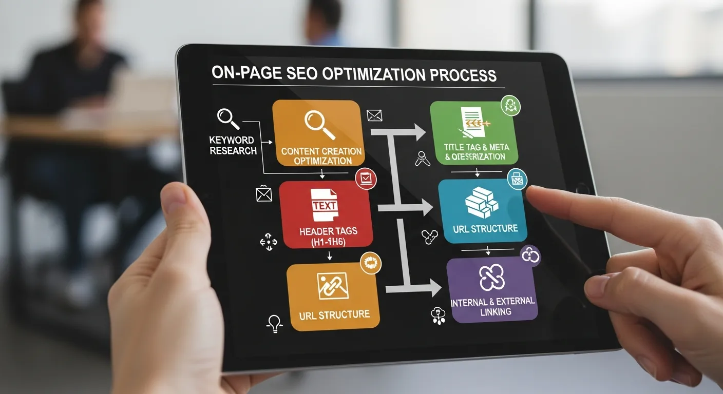 Content creator optimizing webpage with headings, keywords, meta tags, and images on a laptop screen