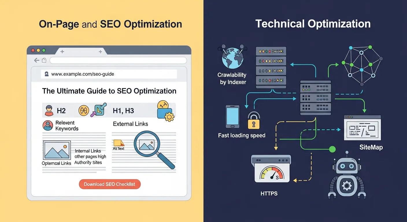 Website dashboard showing optimized meta tags, fast loading speed, and mobile-friendly design improvements