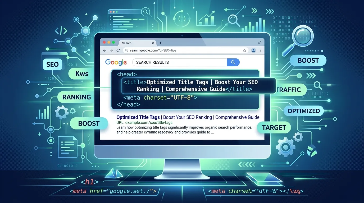 A laptop screen showing a search engine results page with highlighted optimized title tags in blue.