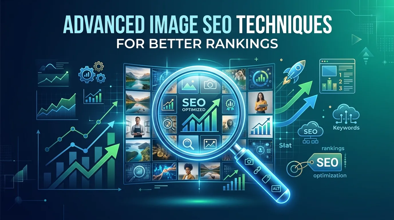 Web designer editing image file names, writing SEO-friendly alt text, and converting visuals into optimized WebP format on a computer.