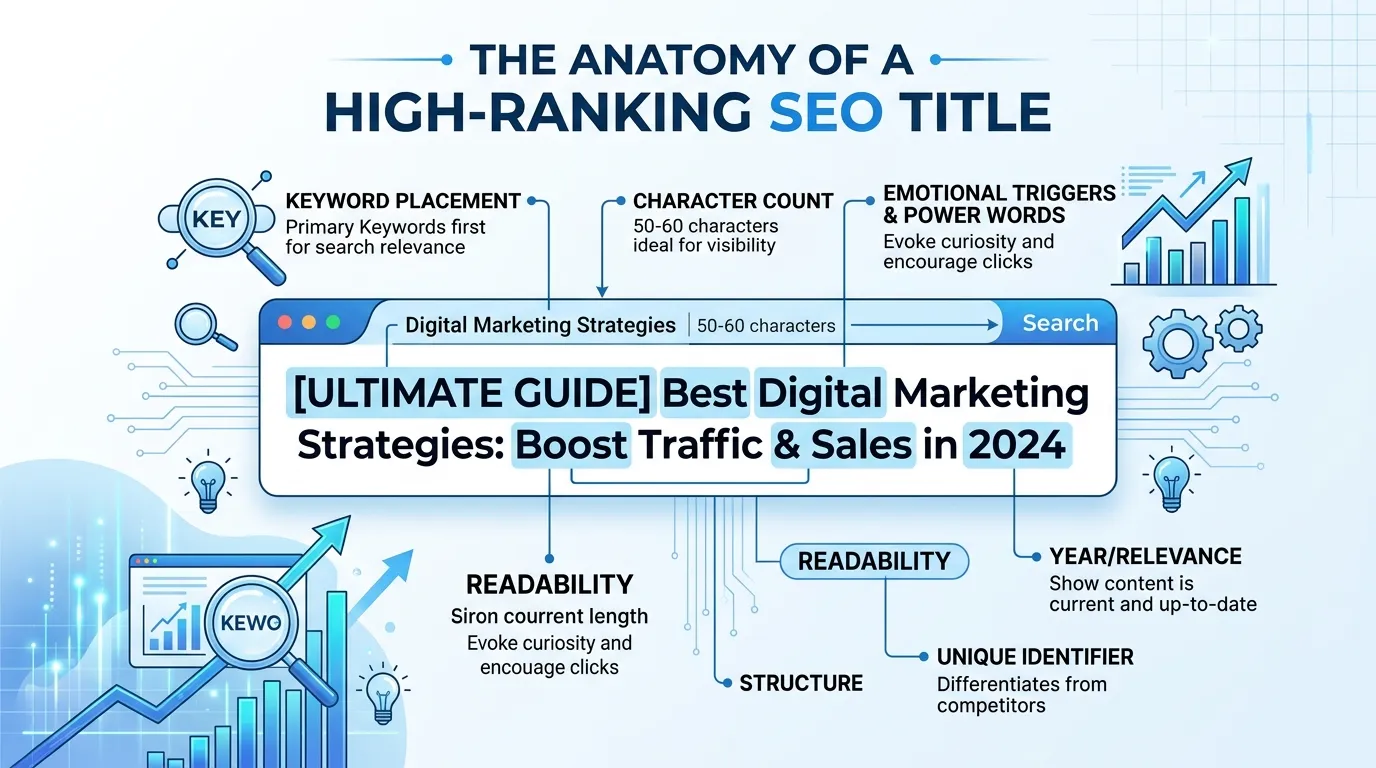 SEO expert analyzing search engine title tags and keyword placement on a laptop screen