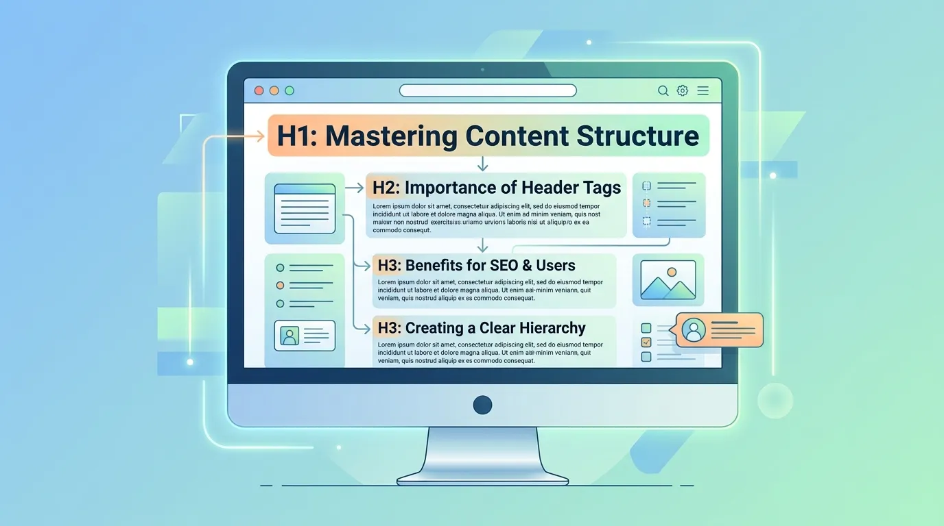 A webpage layout diagram showing H1, H2, and H3 header structure for SEO content organization.