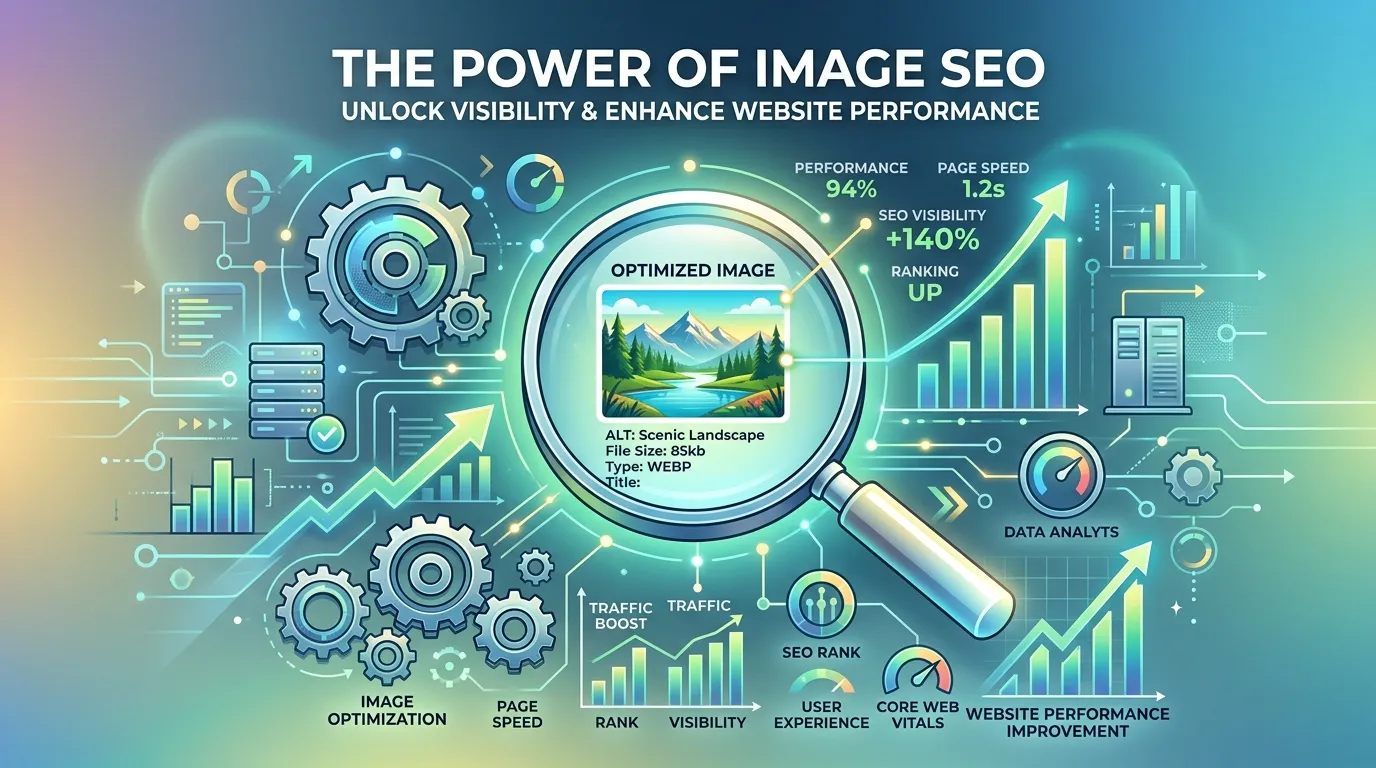 Website performance dashboard showing image optimization, faster page loading speed, and improved SEO metrics on desktop and mobile devices.