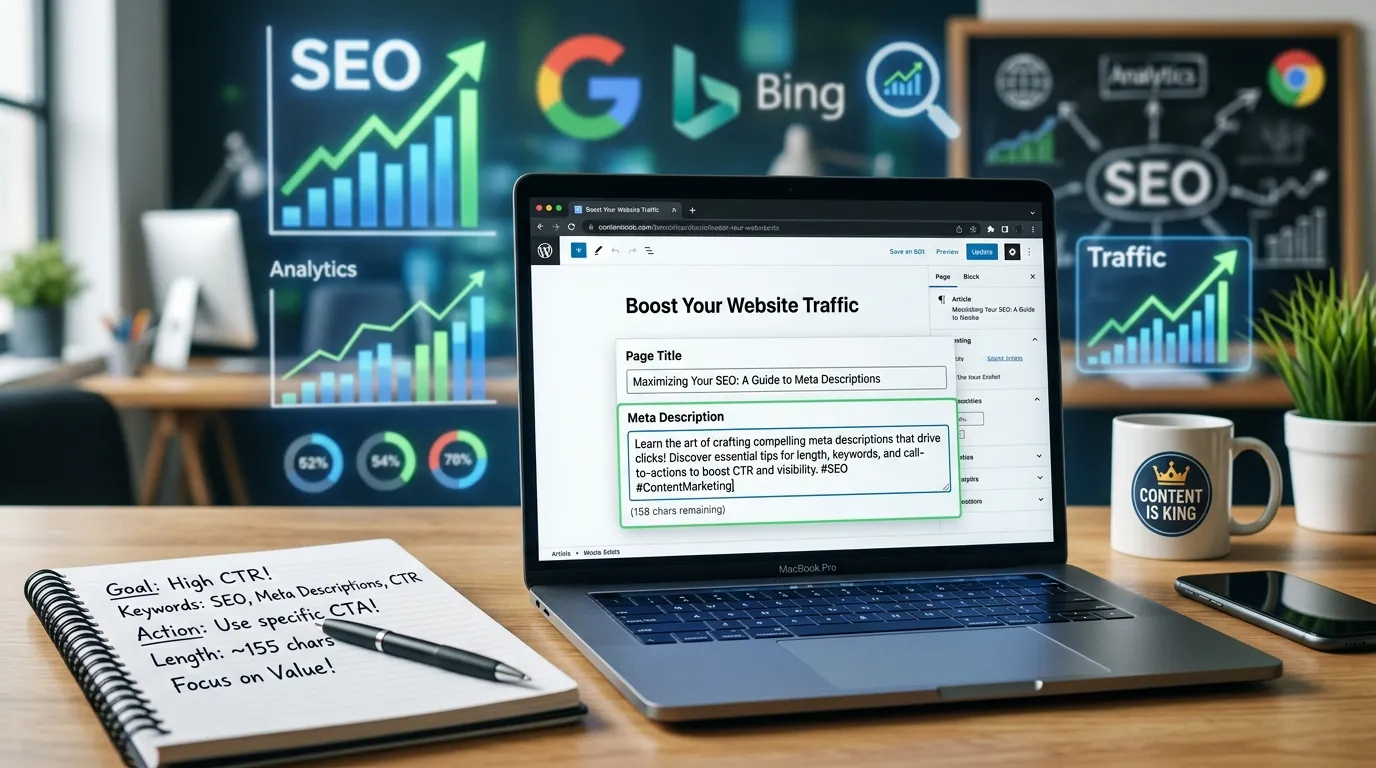 A content editor writing a meta description with character limits shown in a digital SEO tool interface.