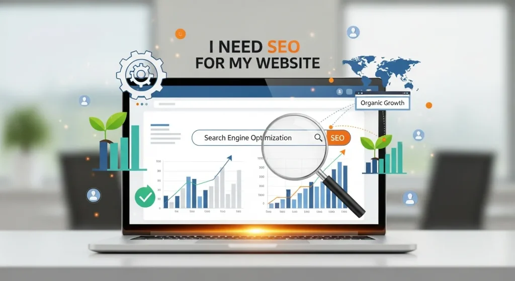 I Need SEO for My Website concept showing website optimization for search engine ranking and organic traffic growth