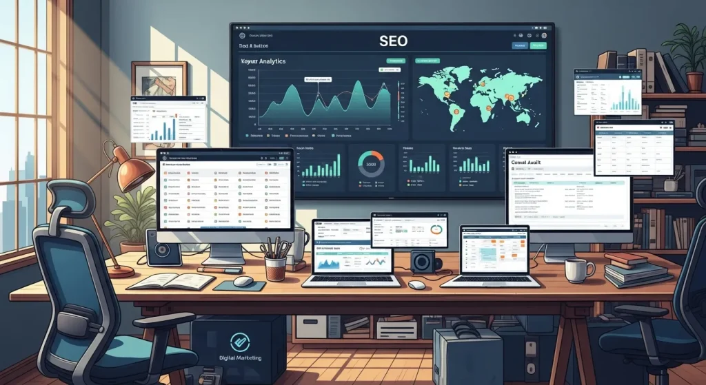 Modern digital marketing workspace with seo tips dashboard, keyword tracking graphs, and website optimization tools representing search engine optimization strategy and growth.