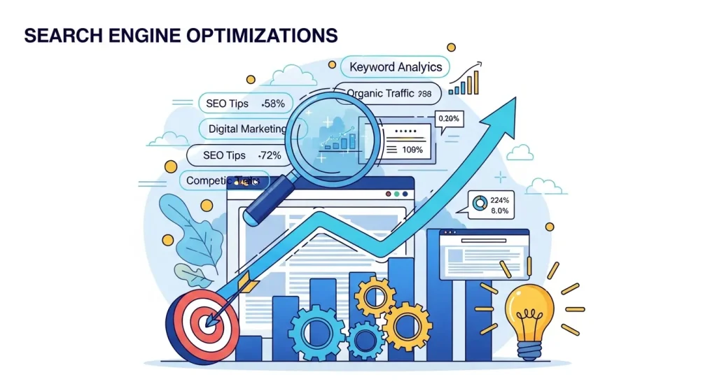 Concept illustration of search engine optimization showing website ranking growth, keyword analytics, and digital marketing strategy for increased organic traffic and how does seo work.