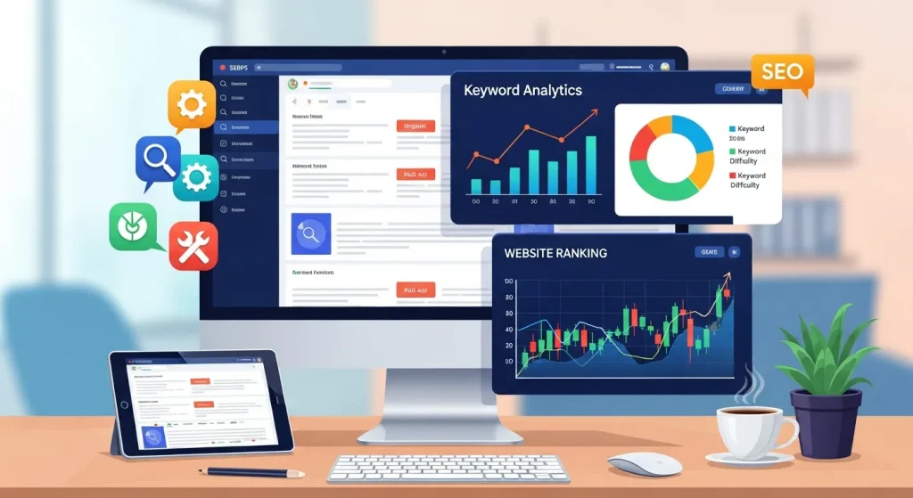 A digital marketing workspace illustration showing SEO concepts such as search engine results pages, keyword analytics, website ranking graphs, and optimization tools on a computer screen, representing improved online visibility and search performance.
