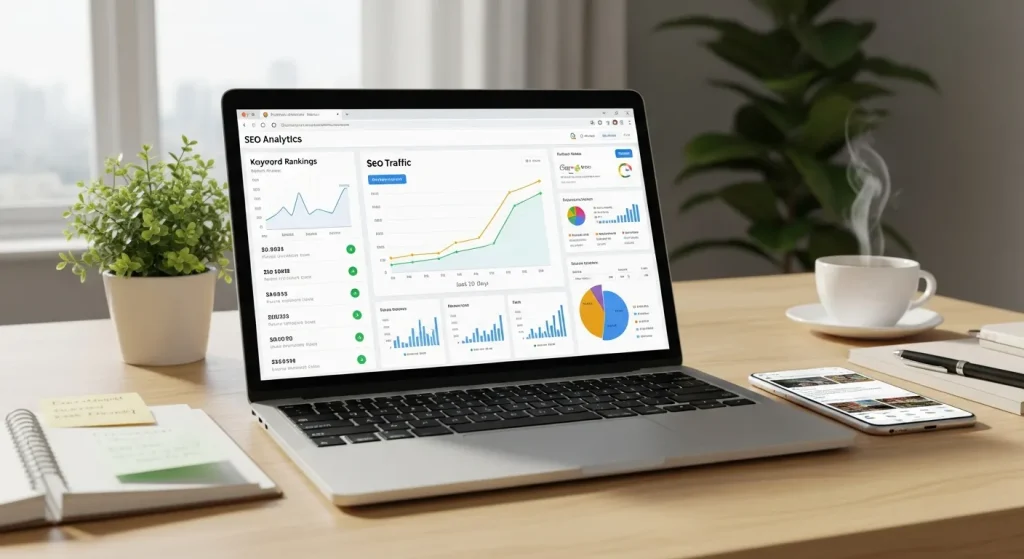 Digital marketing workspace showing a laptop with search engine optimization (SEO) analytics, keyword rankings, and traffic growth charts, representing search engine optimization marketing strategies.