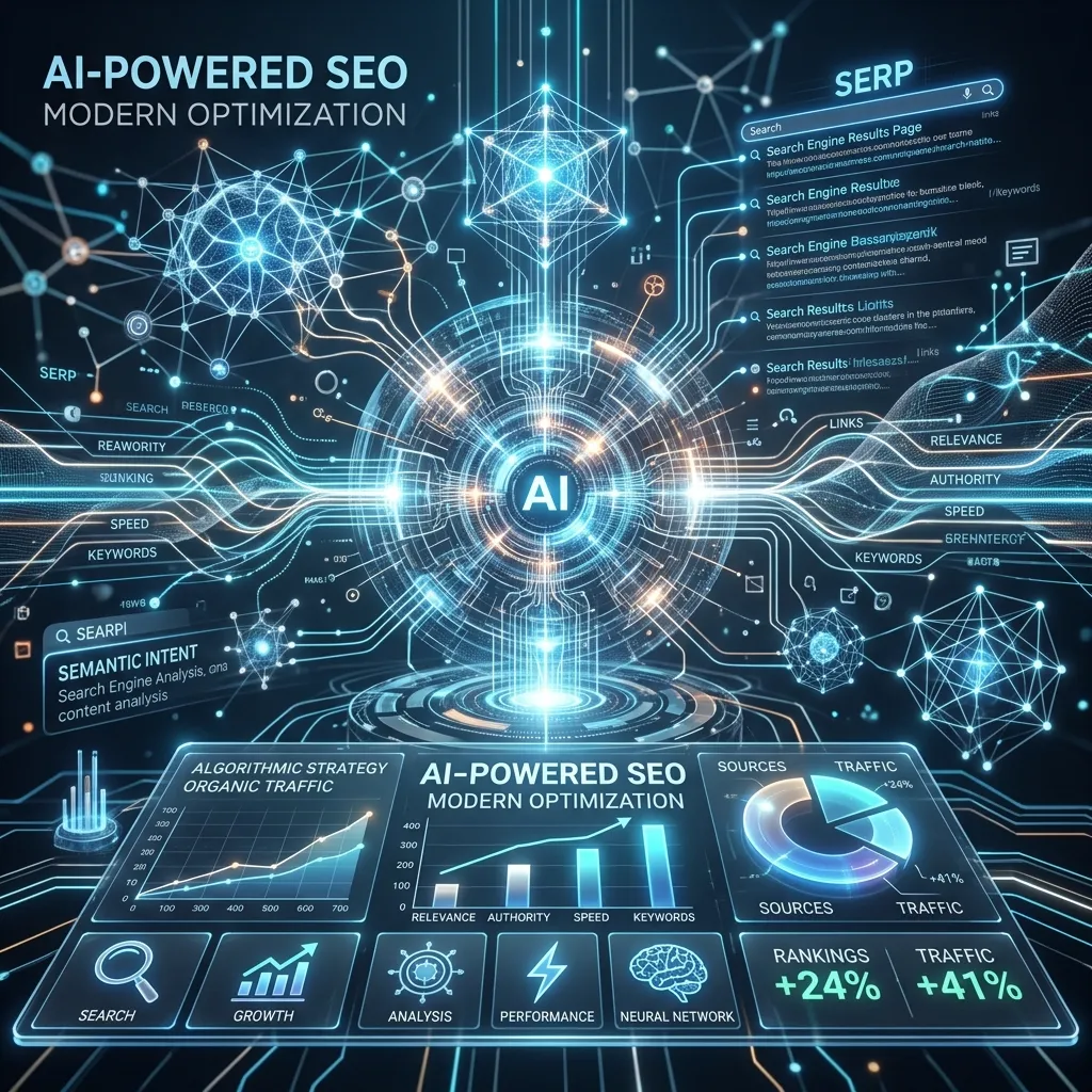 Futuristic AI-powered search engine analyzing web pages for modern SEO optimization and ranking results