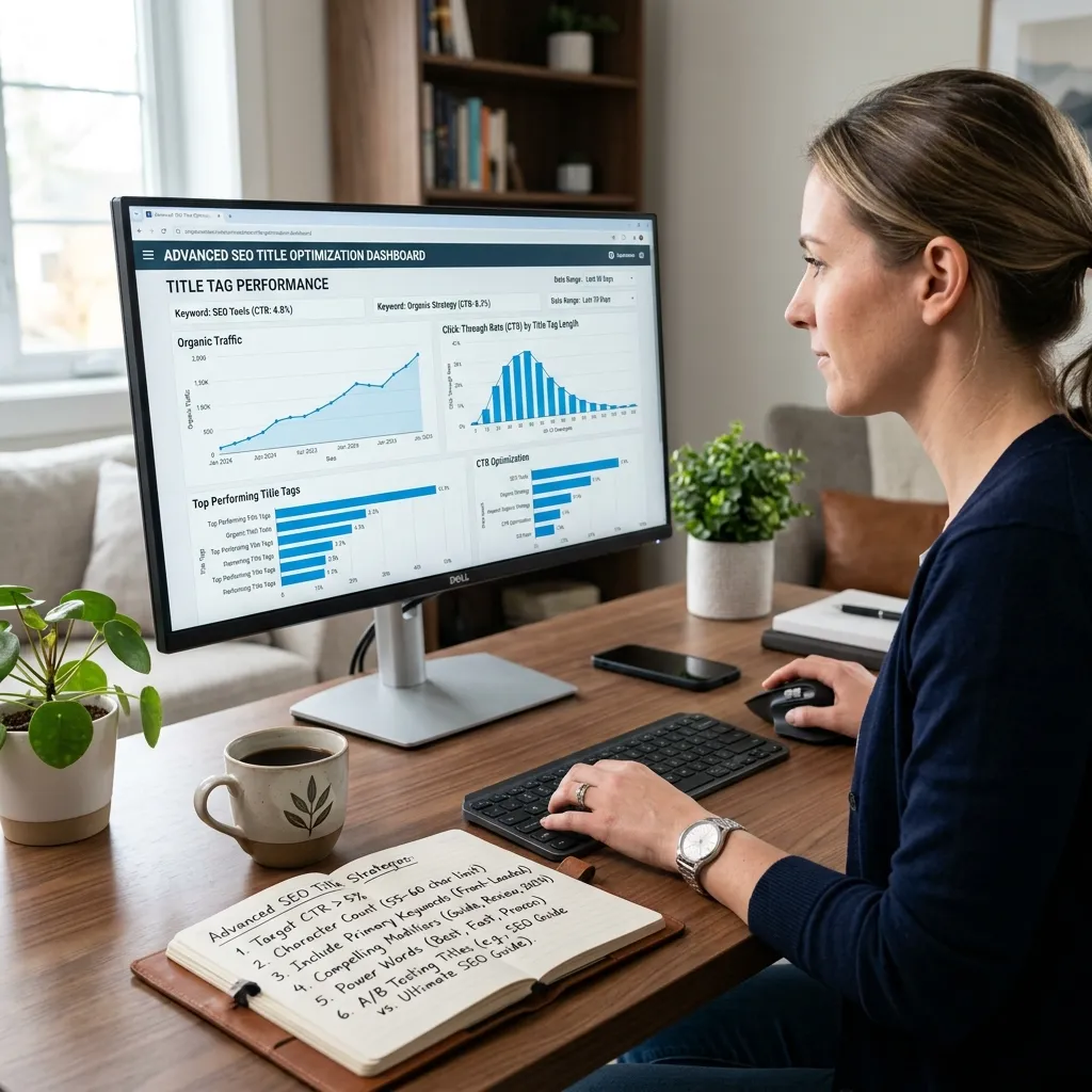 Digital marketing dashboard displaying SEO title tag analytics, keyword research, and click-through rate improvements.