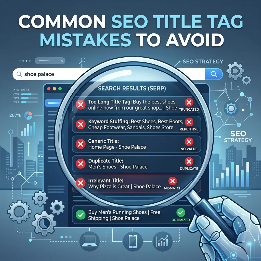 Examples of good and bad SEO title tags highlighting keyword stuffing, long titles, and duplicate tags.