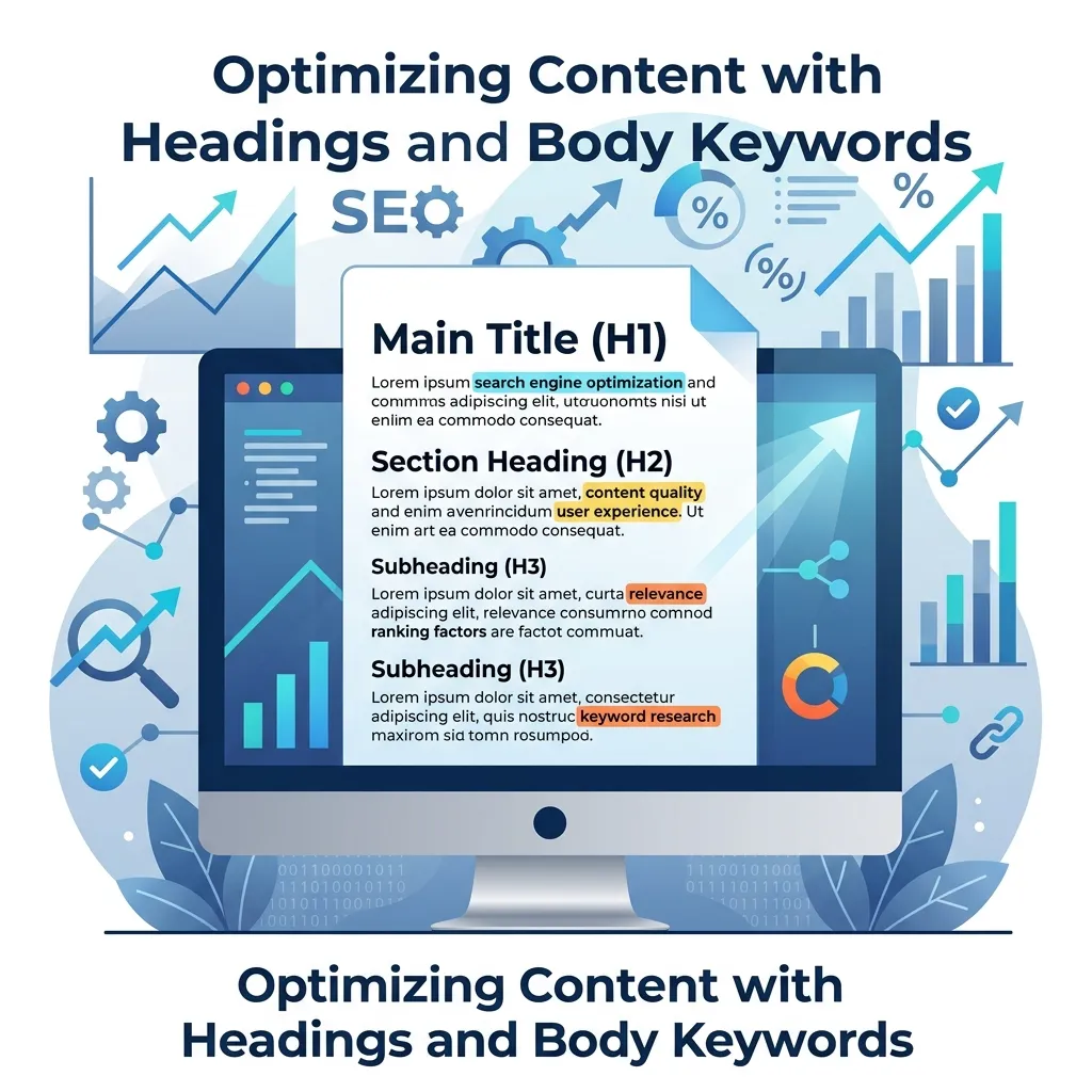 Webpage structure with H1, H2, and paragraph sections showing keyword integration in content.