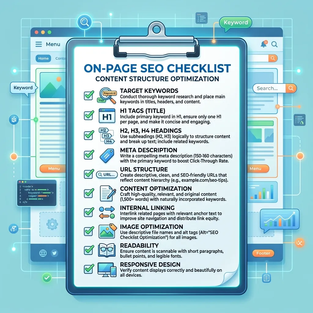 Laptop screen displaying SEO on-page checklist with structured content elements like headings, keywords, and meta tags