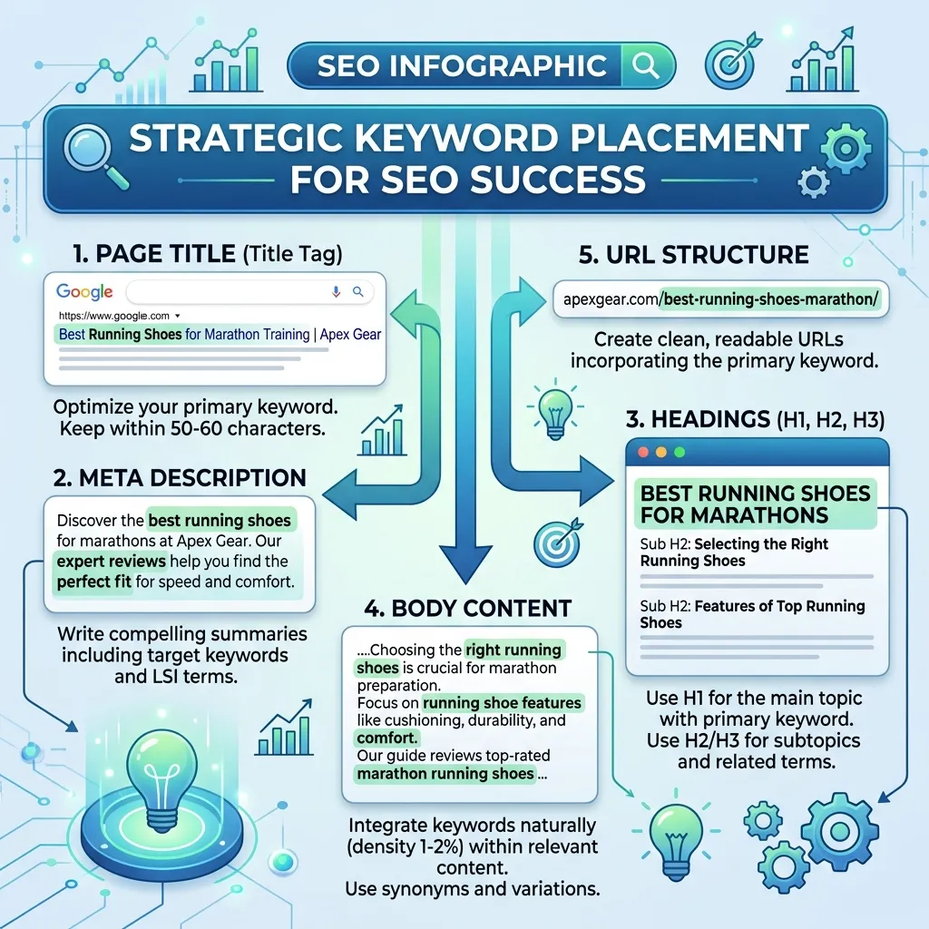 Diagram showing SEO elements like title tag, URL, and meta description highlighted with keywords.