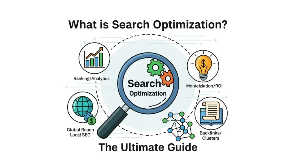 Modern SEO workspace with search rankings, keyword analysis, traffic growth charts, and what is search optimization displayed on multiple screens.