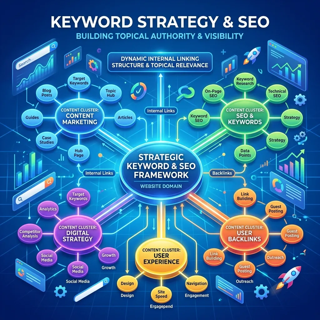 Website diagram illustrating keyword strategy and internal linking structure connecting related SEO content pages