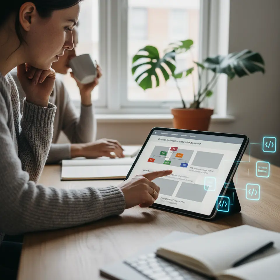 On-page optimization automation dashboard: a stylized webpage wireframe annotated with AI-generated callouts—hierarchical H1–H3 tags, meta title and description suggestions, auto-generated image alt text, and floating schema markup icons—presented on a sleek digital interface.